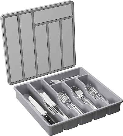 Lifewit Silverware Organizer with Lid, Covered Utensil Tray for Kitchen Drawer and Countertop, Plastic Cutlery and Flatware Storage Box for Spoons Forks Knives Holder Case, 6 Compartments, Gray