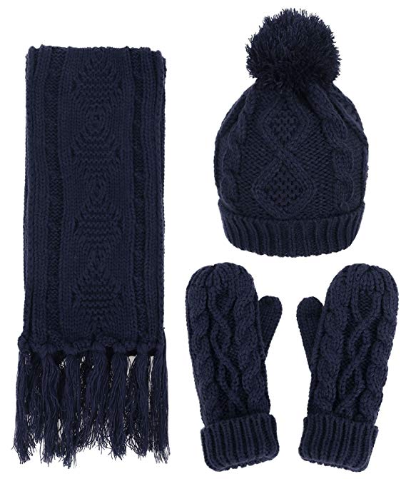 Adult 3 Piece Warm Knitted Hat, Scarf, Gloves Winter Set