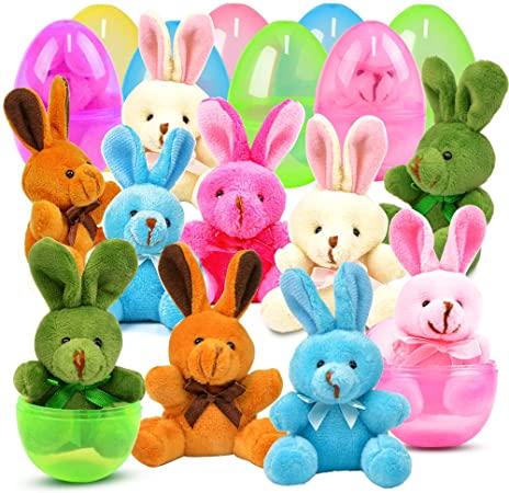 MOMOTOYS 12 Packs Easter Eggs Basket Stuffers Plush Bunnies Plastic Easter Eggs Fillers Kids Party Favors Surprise Easter Eggs Hunt Games Supplies Birthday Gifts Toddler Girls Toys Goodies Bags