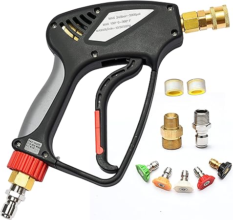 Short Pressure Washer Gun With 360 Degree Swivel, 5000 PSI /10.5 GPM Industrial Grade Best for Gas Power Washer Gun 3/8” Quick Connector M22 14 Fitting with 1/4" Quick Socket 5 Nozzle Tips