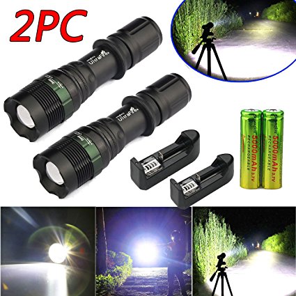2 x5000LM Rechargeable Zoomable T6 LED Flashlight Torch 18650 Battery&Charger US