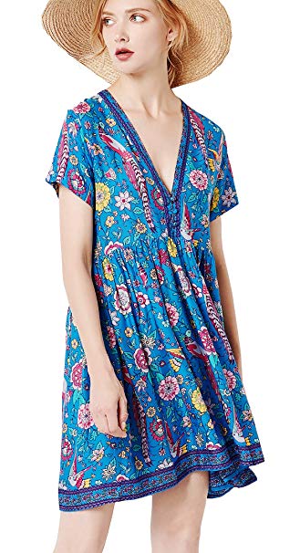 R.Vivimos Womens Short Sleeve Floral Print V Neck Cotton Short Dresses