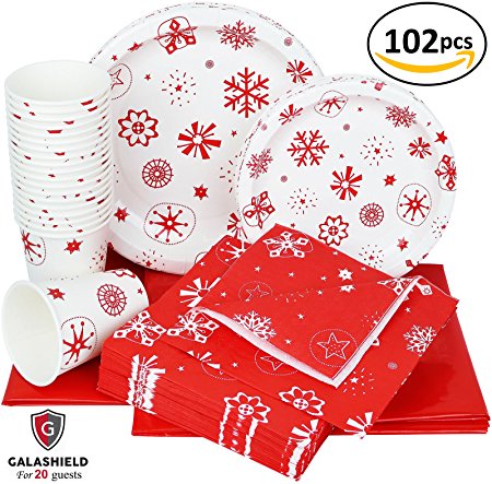 Galashield Christmas Disposable Dinnerware Set Supplies for 20 Guests Includes Paper Plates, Cups, Napkins, and Tablecloths