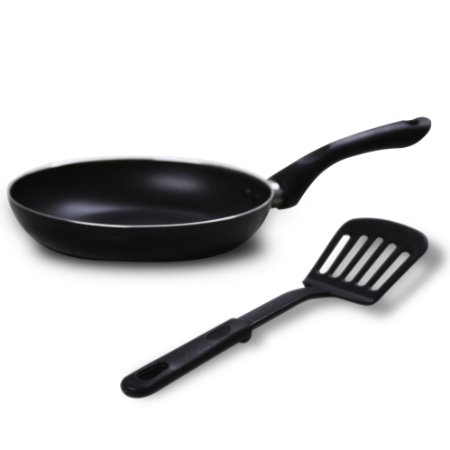 Durable, easy clean, 8 inch non-stick frying pan sold with a flexible nylon spatula (2 Piece Set) / PFOA FREE - (BLACK)