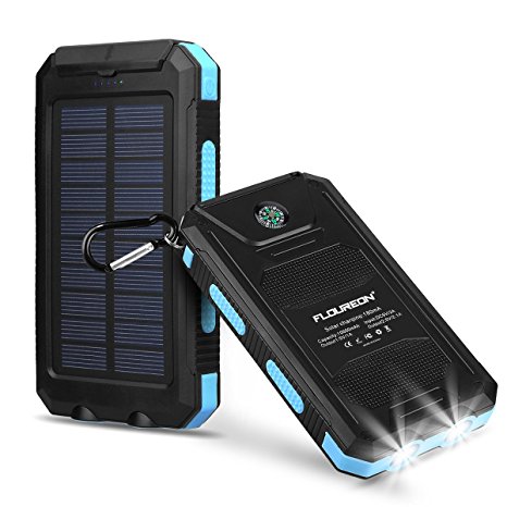 FLOUREON 10000mAh Solar Charger Power Bank Waterproof Portable External Battery Backup with Dual USB for Android iPad iPhone Cellphones, 2 LED Flashlight with Compass for Emergency(Blue)