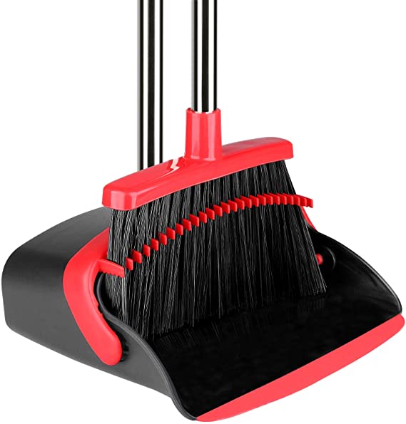 Large Broom and Dustpan [2021 Upgrade] Dust pan Broom Set with Heavy Duty 55" Long Handle Upright Stand Up ,5 Layers Bristles with Angle Edge Broom for Home, Office, Kitchen, Lobby
