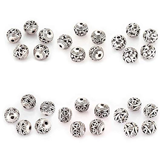 LolliBeads (TM) 10mm 30Pcs Tibetan Silver Round Hollow Spacer Charm Beads Jewelry Findings Mix Lot Box Set Assortment