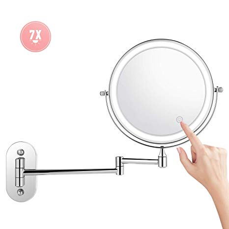 Himimi 7X Wall Mounted Makeup Mirror, Double Sided Swivel Vanity Mirror, Touch Button Adjustable Light, Stainless Steel, Shaving in Bedroom or Bathroom, 8 inch, 4 x AAA Batteries (not Included)