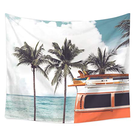 Hawaiian Decor Tapestry by Tidy Decor, Hawaii Colorful Bus Palm Tree Wavy Ocean Surface Scene, Dorm Wall Hanging for Bedroom Living Room