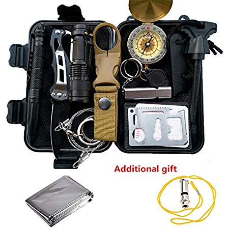 POTEGAR Survival Gear Kits 14 in 1- Outdoor Emergency SOS Survive Tool for Wilderness/Trip/Cars/Hiking/Camping Gear - Wire Saw, Emergency Blanket, Flashlight, Tactical Pen, Water Bottle Clip ect
