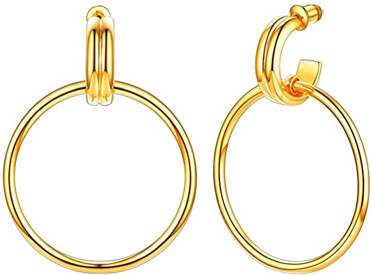 U7 Women Helical Geometric Hoops 18kct Gold Plated Circle Dangling Hoop Earrings, 925 Sterling Silver Stud Needle, with Gift Box