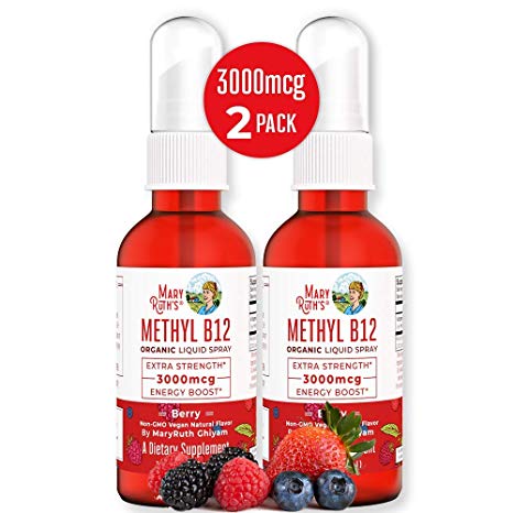 Organic Vitamin B12 (Methyl) Liquid Sublingual Spray by MaryRuth Energy Boost - Sugar Free - Non-GMO Vegan - Gluten Free - Paleo - Bariatric & Celiac Glass Bottle 1oz-3000 mcg (Extra Strength 2 Pack)