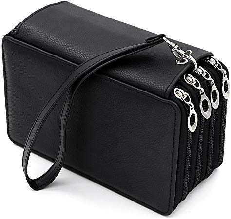 BTSKY PU Leather Colored Pencil Case with Compartments-72 Slots Handy Pencil Holder for Watercolor Pencils, Gel Pens and Ordinary Pencils (Black)