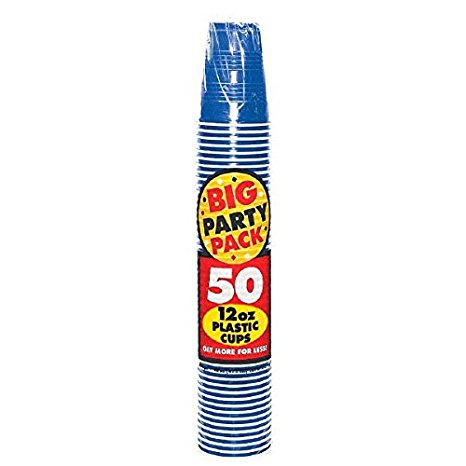 Amscan Big Party Pack 50 Count Plastic Cups, 12-Ounce, Bright Royal Blue