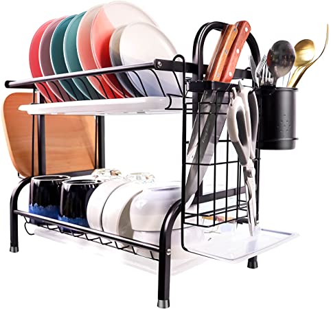 Dish Rack, Dish Drying Rack 304 Stainless Steel 2 Tier Dish Racks with Cutlery Holder, Cutting Board Holder , Drying Rack Dish Drainer for Kitchen Counter(Black)
