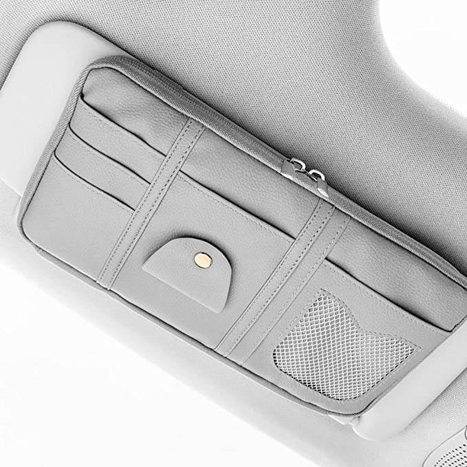 Cartisen Car Sun Visor Organizer, Auto Interior Accessories Pocket Organizer-Car Truck SUV Leather Storage Pouch Holder - with Multi-Pocket Net Zipper (Gray)