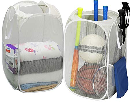 2 Pack - SimpleHouseware Mesh Pop-Up Laundry Hamper Basket with Side Pocket, Gray