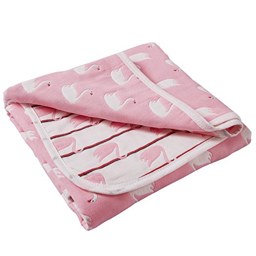 6 Layers of 100% Organic Muslin Cotton Toddler Blanket with Reversible Swan Printed Design, 43"x 43", Pink by NTBAY