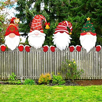 4 Pcs Christmas Fence Peeker Decoration Peeking Garden Yard Decorations Fence Decorations Xmas Outdoor Garden Fence Sign Ornament Christmas Fence Peeker Art for Holiday Patio Home Decor (Novel Style)