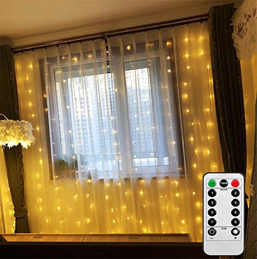 Battery Operated Curtain Window Lights with Remote Timer Bedroom Patio LED Curtain String Light Icicle Waterfall Lights for Outdoor Indoor (Warm White, 6.5 X 6.5ft, Dimmable)