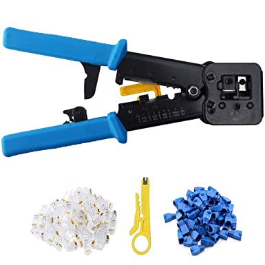 EZ RJ45 Crimp Tool Kit,Knoweasy Pass Through Cat5 Cat5e Cat6 Crimping Tool for RJ45/RJ12 Regular and End-Pass-Through connectors with 50PCS Connectors, 50PCS Covers with Network Wire Stripper