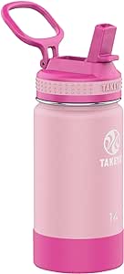 Takeya Actives Kids 14 oz Vacuum Insulated Stainless Steel Water Bottle with Straw Lid, Blush/Super Pink