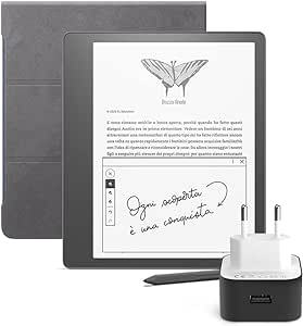 Kindle Essentials Bundle con Kindle Scribe 16 GB (Nero), penna premium, custodia Amazon in pelle premium con copertina pieghevole e aggancio magnetico e Caricabatterie USB Amazon PowerFast (9 W)