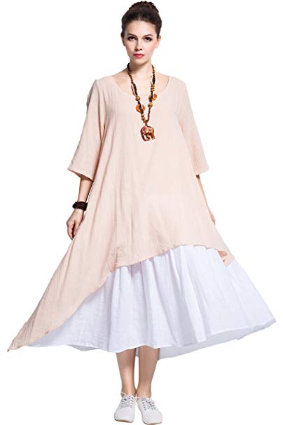 Anysize Fake Two Piece Linen Cotton Dress Spring Summer Plus Size Dress Y111