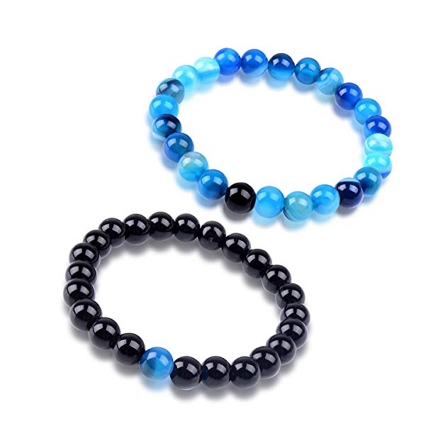 Paxuan Mens Womens 2pcs Imported Natural Gemstone Blue Tiger Eye & Black Agate Beaded Energy Distance Bracelets Couples His and Hers Stretch Beads Bracelet Set 8MM