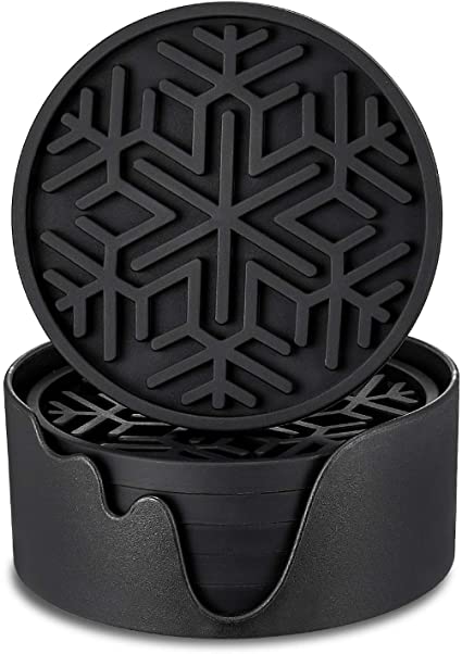 ME.FAN Silicone Coasters [6 Pack] Snow Drink Coasters with Holder - Cup Mat - Non-Slip, Non-Stick, Stay Put, Deep Tray - Prevents Furniture and Tabletop Damages(Black)