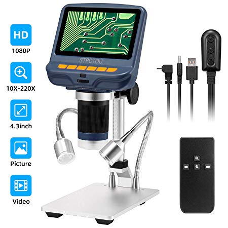 STPCTOU LCD Digital USB Microscope 4.3 Inch 1080P with 10X-200X Magnification Zoom FHD, 8 LED Adjustable Light, Camera Video Recorder for Phone Repair Soldering Tool Jewelry Appraisal Biologic Use