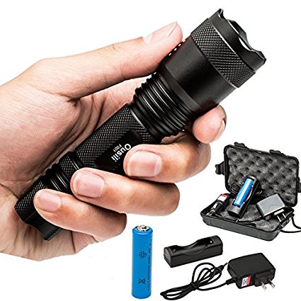 Ousili Tactical Flashlight 1000 Lumen Super Bright LED Zoomable Focus 5 Modes Portable Outdoor Camping Waterproof Handheld Flashlight , With Charger and Car Charger
