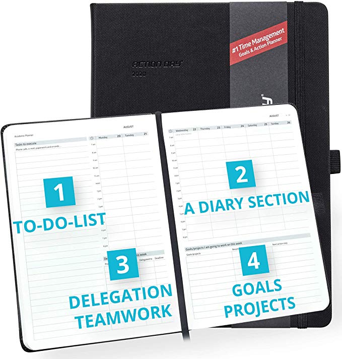 Action Day Planner 2020 - #1 Time Management Design That Makes It Easy for You to Get Things Done, Daily Weekly Monthly Yearly Journal, Agenda, Hardcover, Pocket, Pen Loop, Thick Paper (8x11, Black)