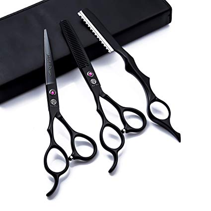 6.0 inch Black Left Handed Hair Cutting Scissors Set with Razor, Leather Scissors Case, Hair Thinning/Texturizing Shears for Mancinism Professional Hairdresser or Home Use