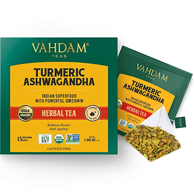 VAHDAM, Turmeric   Ashwagandha SUPERFOOD Herbal Tea, (30 Tea Bag) | India's Ancient Blend of Turmeric & Garden Fresh Spices | Turmeric Tea Bags | Herbal Tea Bags | Detox Tea | Immune Support