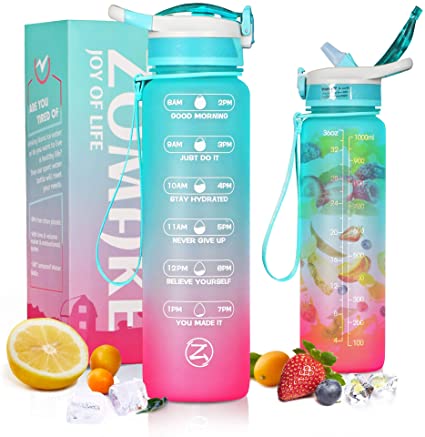 ZOMAKE 1L/32OZ Motivational Water Bottle with Straw & Time Markings, Leakproof & BPA Free Water Bottles Fruit Infuser for Fitness Sports