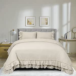 HIG 3 Piece Farmhouse Ruffled Duvet Cover Set Queen, Camel Vintage Duvet Cover with 2 Rows of Handmade Ruffle, Solid Washed Microfiber Comforter Cover for Bedroom - 1 Duvet Cover, 2 Shams (HANS)