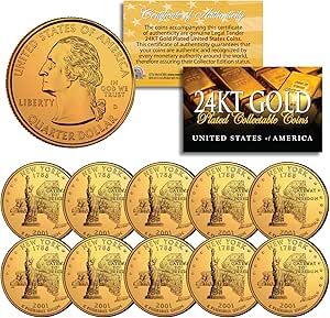 2001 New York State Quarters U.S. Mint BU Coins 24K Gold Plated (LOT of 10)