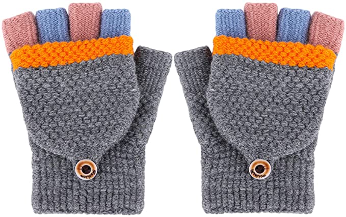 Cooraby Kids Winter Half Finger Mittens Convertible Flip Top Fingerless Gloves for Boys Girls