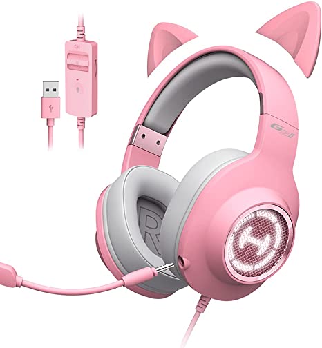 Edifier G2 II Cat Ear PC Gaming Headset Pink USB Headphones with Mic, RGB Lighting for PS4, PS5 with THX 7.1 Surround Sound, 50mm Drivers