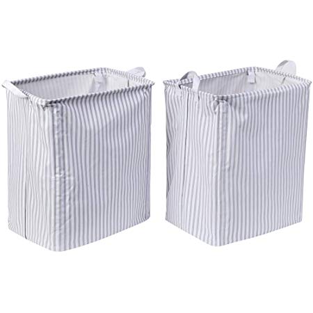 XNWYTECH Laundry Hamper Collapsible | Set of 2 Laundry Basket Stay Upright | Waterproof Storage Bin Baby Room, Bathroom, Nursery, Cabinet (White Oxford Clothes Grey Striped, 19.7" H x 11.8" W x 15.7"