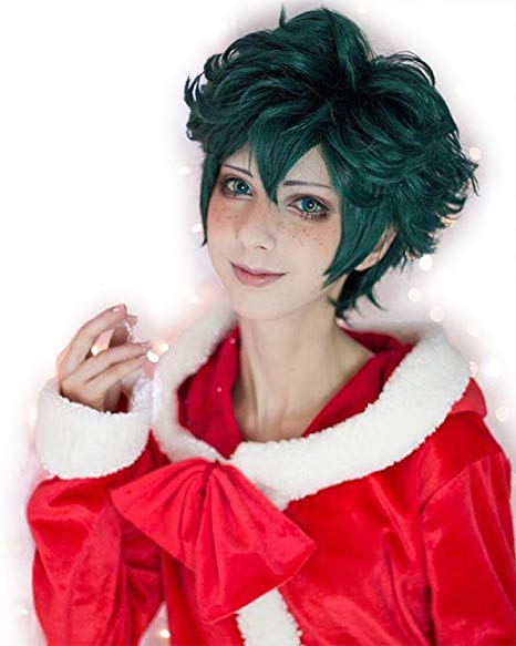 HAIRSW Short Fluffy Layered Straight Anime Cosplay Full Wigs Dark Green Heat Resistant Synthetic Hair For Party