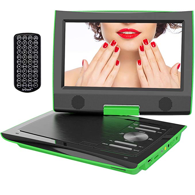 ieGeek 11” Portable DVD Player with Higher Brightness Screen, 5 Hours Rechargeable Battery, Dual Earphone Jack, SD Card Slot and USB Port, Green