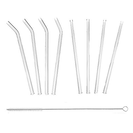 Fleetwood Storms, Handmade Glass Straws Clear Bent 9 in x 10 mm - 9 Pack With Cleaning Brush - Premium Glass - Healthy, Reusable, Eco Friendly, BPA Free, Very Sturdy - Milkshake and Smoothie Straws WITH FREE CASE