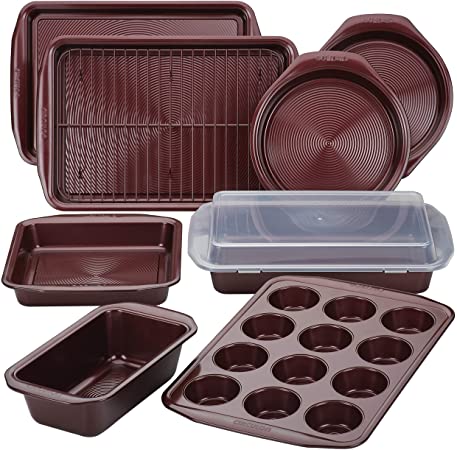 Circulon 47740 Nonstick Bakeware Set with Nonstick Bread Pan, Baking Pans, Cookie Sheet / Baking Sheet and Cake Pans - 10 Piece, Merlot Red