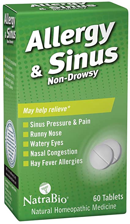 NatraBio Allergy & Sinus Homeopathic Formula | for Temporary Relief of Sinus Pressure & Pain, Congestion, Hay Fever Allergies | Non-Drowsy | 60 Tabs