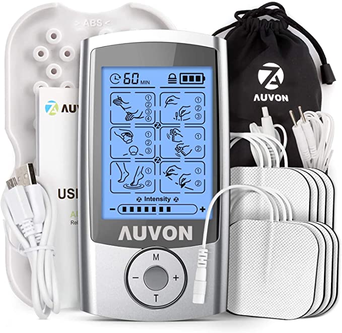 AUVON Rechargeable TENS Machine Muscle Stimulator for Pain Relief, TENS Unit with 16 Modes, 8pcs 2"x2" TENS Pads Replacement