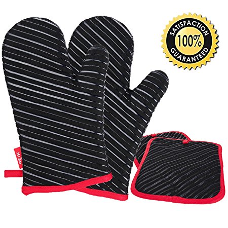 DEIK Oven Mitts and Potholders 4 Pieces, Heat Resistant Gloves with Cotton Lining, Non-slip Silicone Potholder for Cooking, Baking, Grilling, Holding Pot, Black