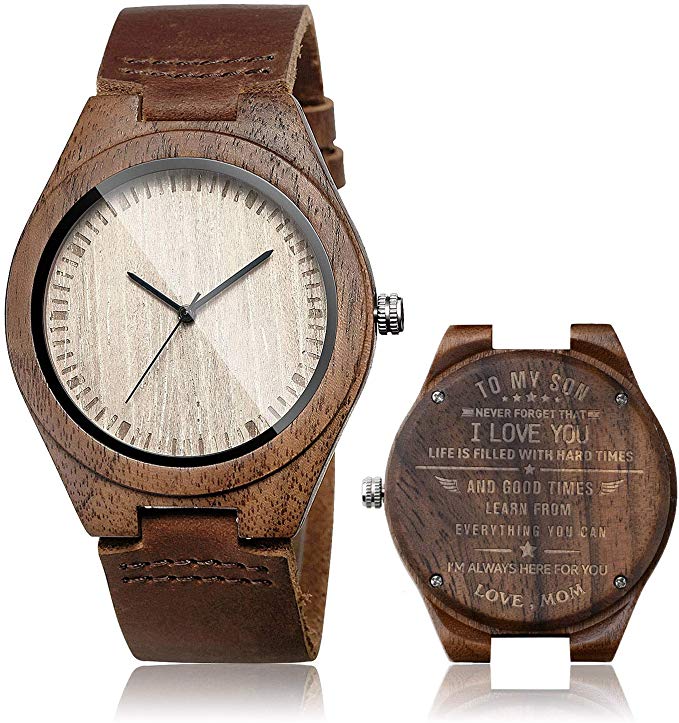 CUCOL Men's Walnut Wood Cowhide Leather Strap Watch Wooden Case Analog Quartz Wristwatch