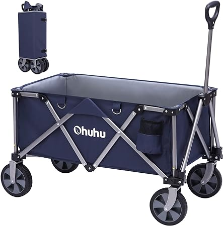 Large Collapsible Folding Wagon Cart: Ohuhu Reinforced Foldable Wagons 145L Capacity Heavy Duty Outdoor Grocery Shopping Carts with Removable Wheels Drink Holders for Garden Camping Picnic